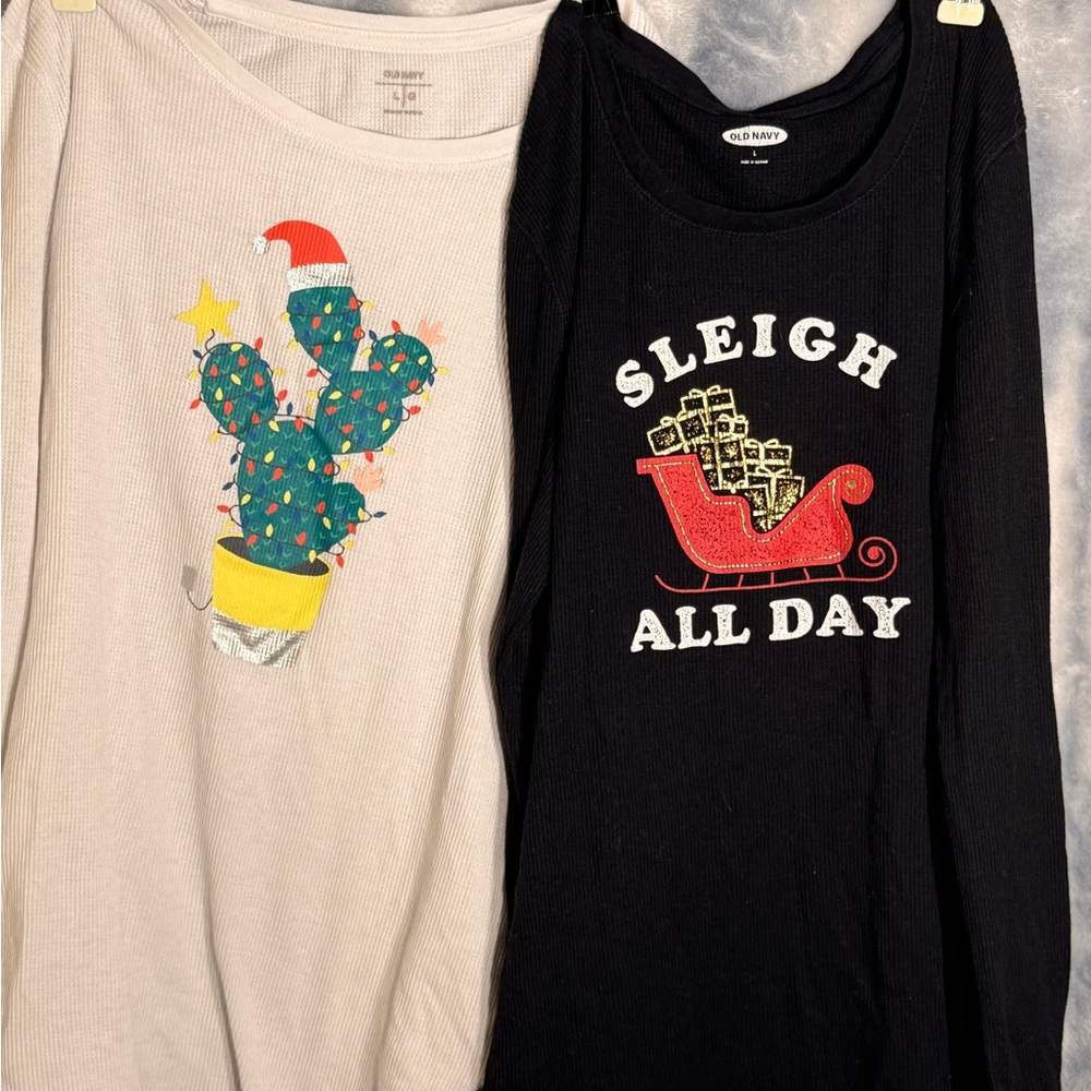 2 Old Navy Holiday Cactus and Sleigh Long Sleeve Tees